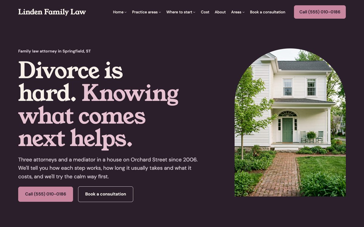Dusk homepage of the Linden Family Law kit