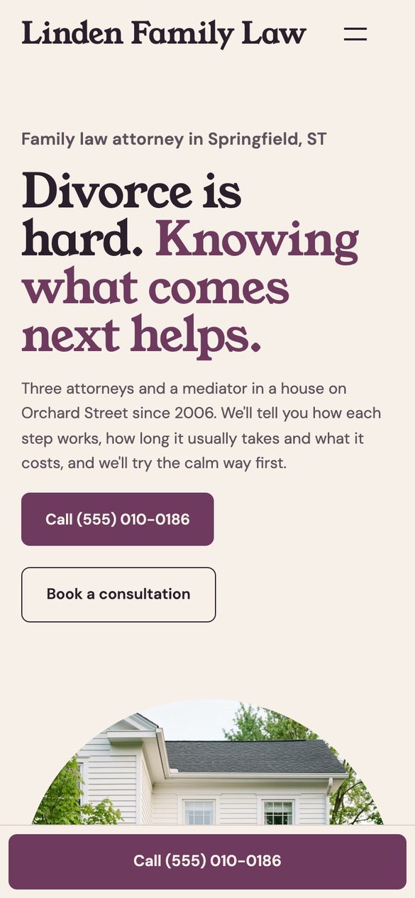 The Linden Family Law kit's homepage on a phone