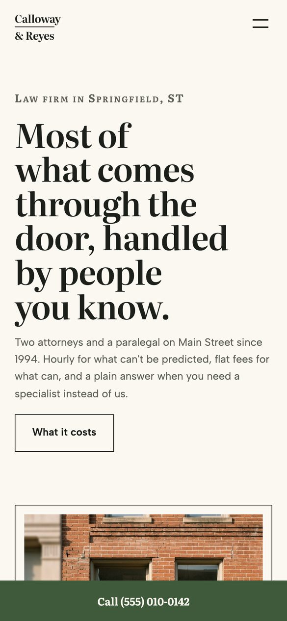 The Calloway & Reyes kit's homepage on a phone