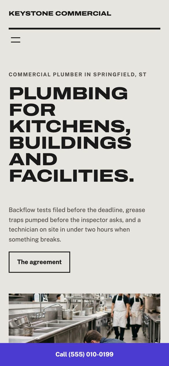 The Commercial Plumber kit's homepage on a phone