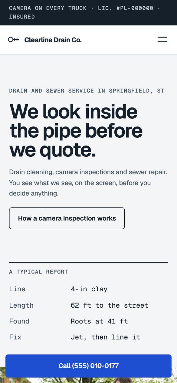 The Drain & Sewer kit's homepage on a phone