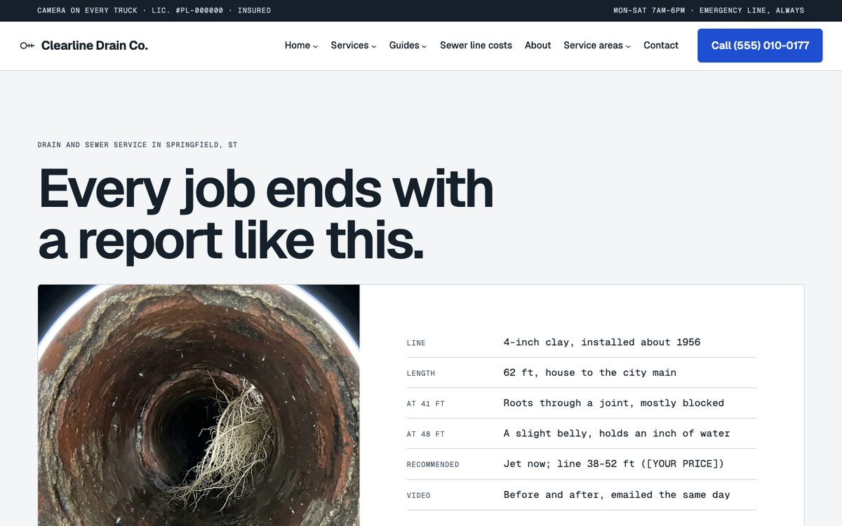 The report homepage of the Drain & Sewer kit