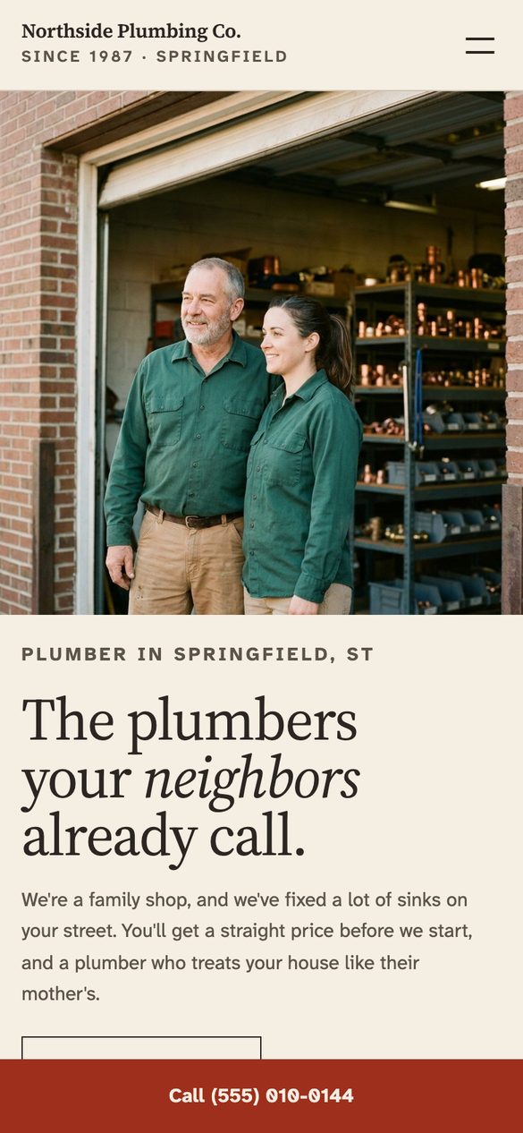 The Local Plumber kit's homepage on a phone