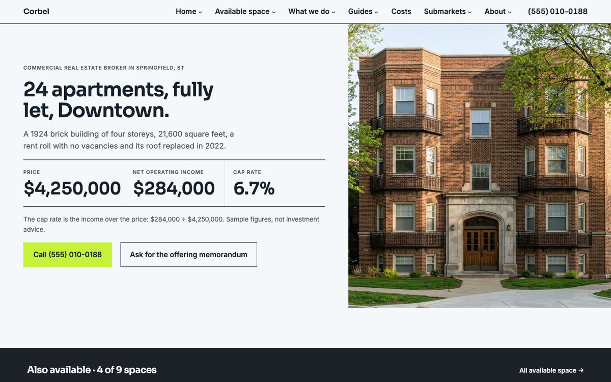 The investor first homepage of the Corbel Commercial kit