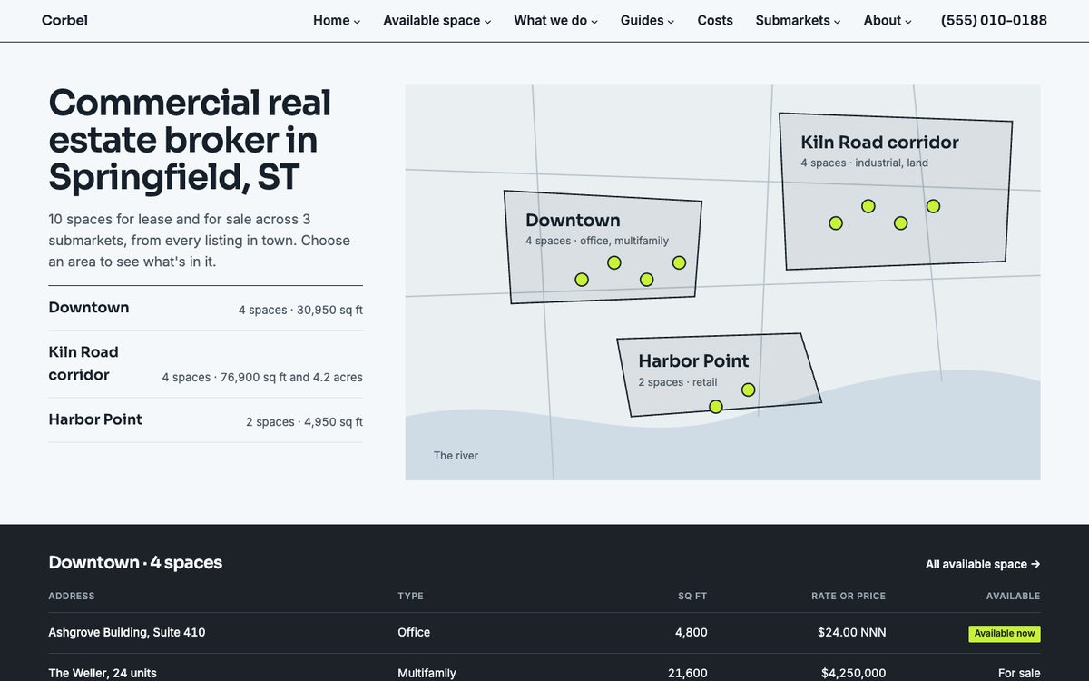 The map first homepage of the Corbel Commercial kit