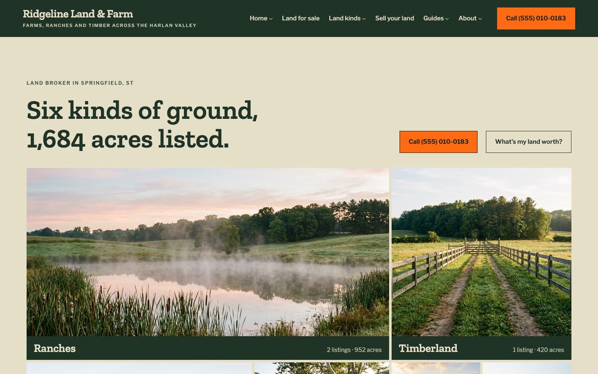 The kinds first homepage of the Ridgeline Land & Farm kit