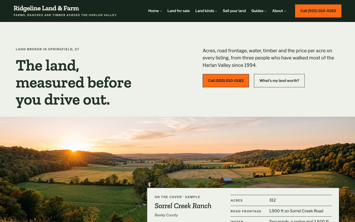 Winter field homepage of the Ridgeline Land & Farm kit